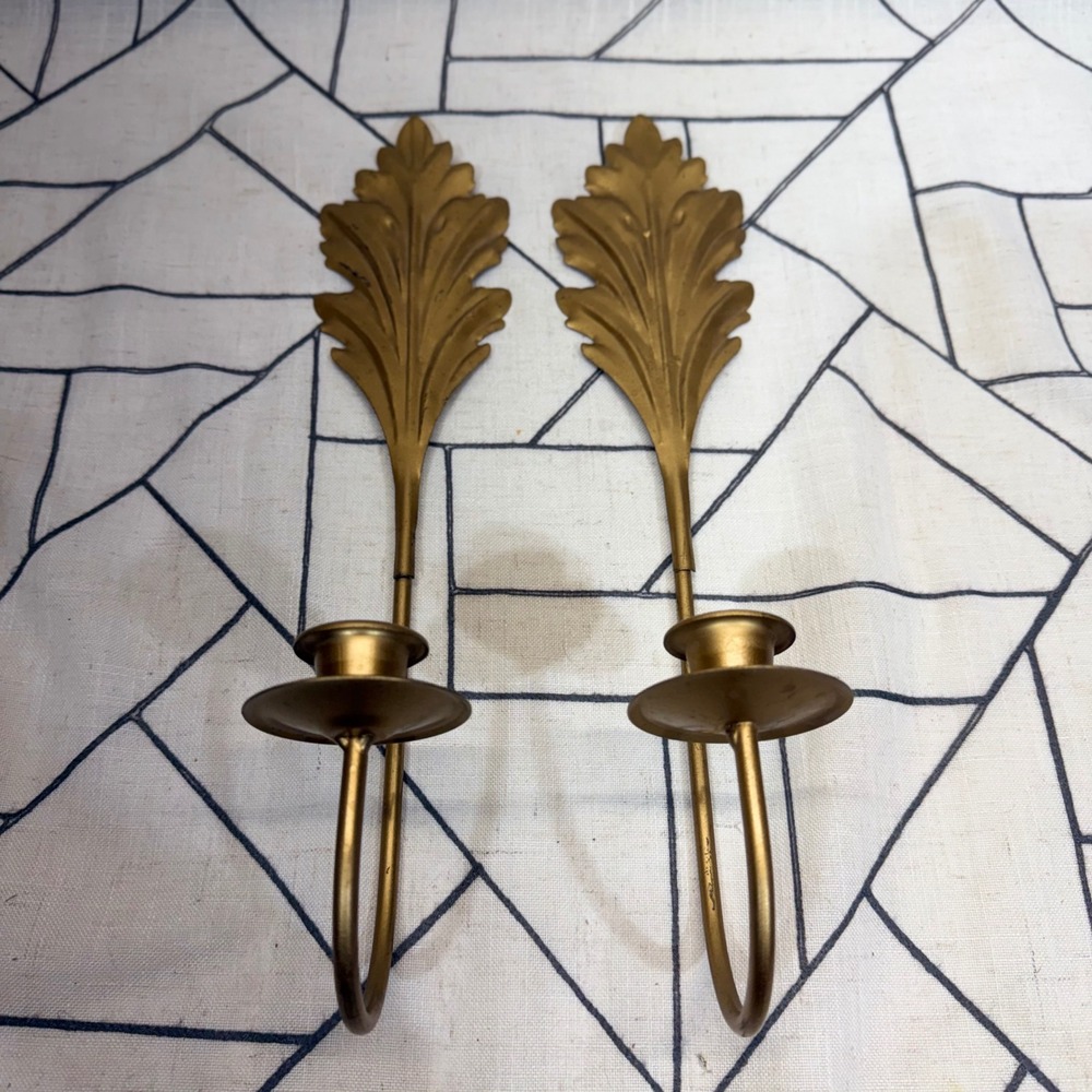 Unbranded Wall Sconce Pair 15.5in Gold Acanthus Leaf Metal Taper Candle Holders